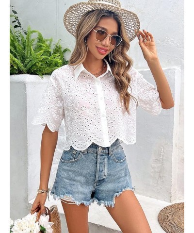 Women's Short Sleeve Button Down Eyelet Crochet Shirt Asymmetrical Hem Crop Top Blouse White $15.98 Blouses