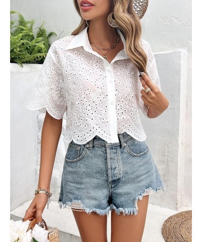 Women's Short Sleeve Button Down Eyelet Crochet Shirt Asymmetrical Hem Crop Top Blouse White $15.98 Blouses