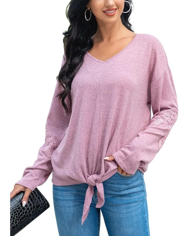 Womens Tunic Tops Tie Front: Long Sleeve Shirts V Neck Lightweight Knit Sweatshirt Solid Color Casual Top for Women Pink $15....