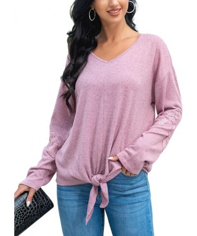 Womens Tunic Tops Tie Front: Long Sleeve Shirts V Neck Lightweight Knit Sweatshirt Solid Color Casual Top for Women Pink $15....