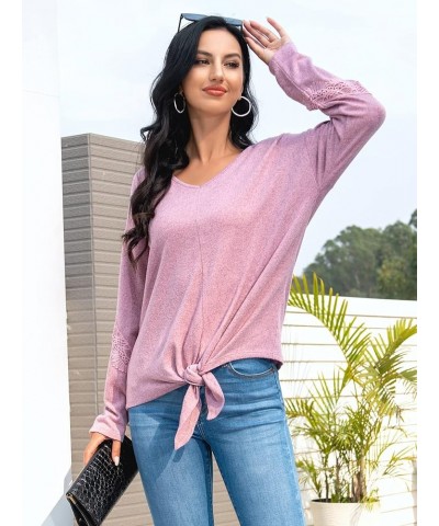 Womens Tunic Tops Tie Front: Long Sleeve Shirts V Neck Lightweight Knit Sweatshirt Solid Color Casual Top for Women Pink $15....