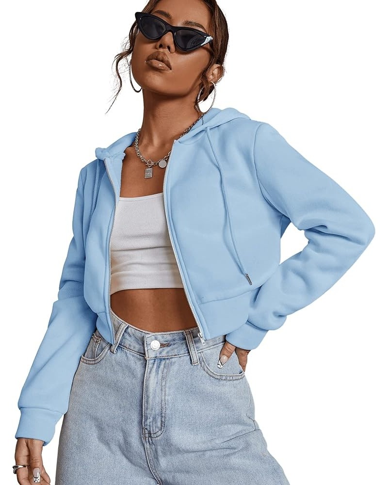 Women's Casual Long Sleeve Zip Up Cropped Hoodie Sweatshirts Light Blue $15.75 Hoodies & Sweatshirts