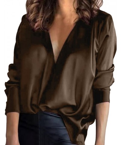 Satin Casual Women's Silky V-Neck Temperament Top Color Shirt Solid Soft Womens Cold Gear Long Sleeve Shirt A-coffee $11.34 B...