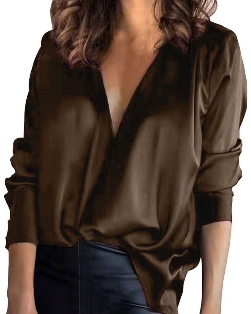 Satin Casual Women's Silky V-Neck Temperament Top Color Shirt Solid Soft Womens Cold Gear Long Sleeve Shirt A-coffee $11.34 B...