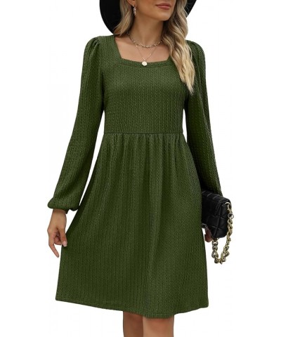 Womens Knit Dress Square Neck Long Sleeve Knee Length Babydoll Dresses B-army Green $20.79 Dresses