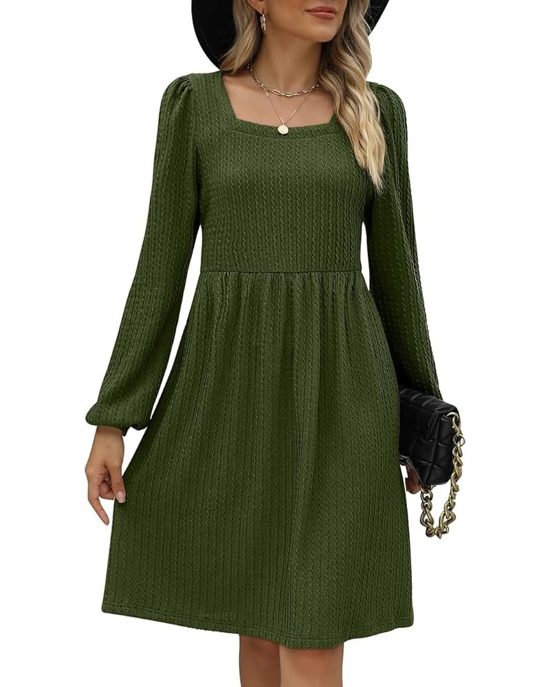 Womens Knit Dress Square Neck Long Sleeve Knee Length Babydoll Dresses B-army Green $20.79 Dresses