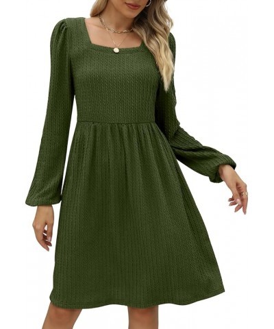 Womens Knit Dress Square Neck Long Sleeve Knee Length Babydoll Dresses B-army Green $20.79 Dresses