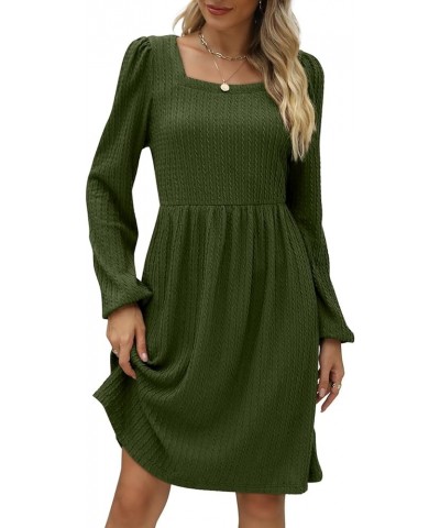 Womens Knit Dress Square Neck Long Sleeve Knee Length Babydoll Dresses B-army Green $20.79 Dresses