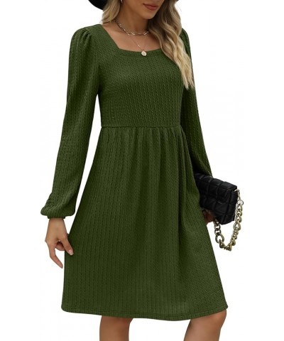 Womens Knit Dress Square Neck Long Sleeve Knee Length Babydoll Dresses B-army Green $20.79 Dresses