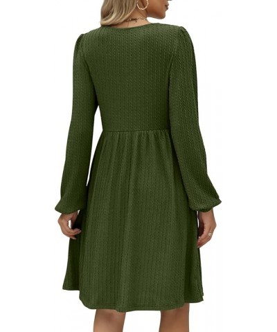 Womens Knit Dress Square Neck Long Sleeve Knee Length Babydoll Dresses B-army Green $20.79 Dresses