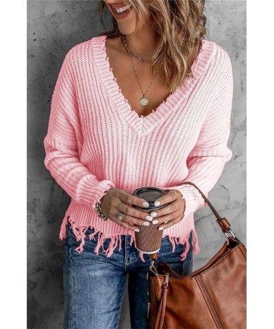 Women's Distressed Hem Frayed Crop Sweater Knitted Fringe V Neck Long Sleeve Sweatshirts Casual Loose Pullovers Pink $10.19 S...