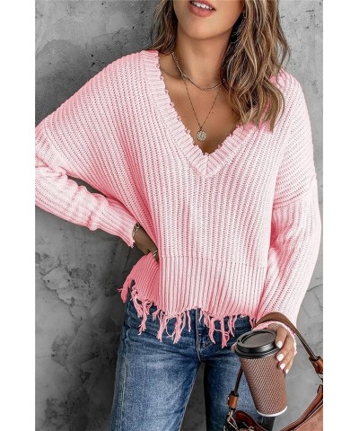 Women's Distressed Hem Frayed Crop Sweater Knitted Fringe V Neck Long Sleeve Sweatshirts Casual Loose Pullovers Pink $10.19 S...