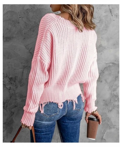 Women's Distressed Hem Frayed Crop Sweater Knitted Fringe V Neck Long Sleeve Sweatshirts Casual Loose Pullovers Pink $10.19 S...