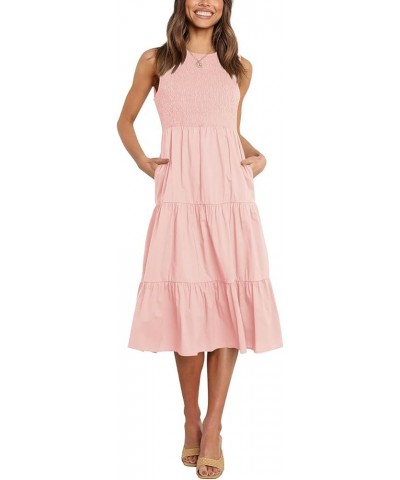 Womens Summer Dresses Casual Crewneck Sleeveless Smocked Maxi Long Dress 05 Pink $29.06 Dresses