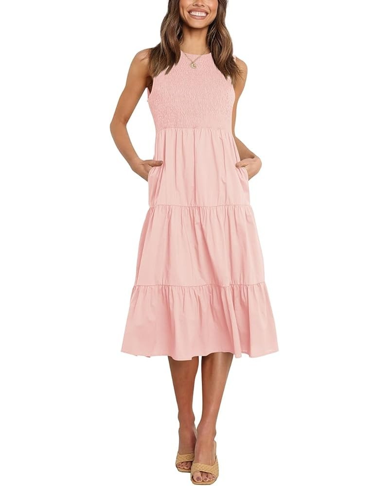 Womens Summer Dresses Casual Crewneck Sleeveless Smocked Maxi Long Dress 05 Pink $29.06 Dresses