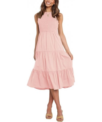 Womens Summer Dresses Casual Crewneck Sleeveless Smocked Maxi Long Dress 05 Pink $29.06 Dresses