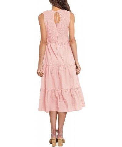 Womens Summer Dresses Casual Crewneck Sleeveless Smocked Maxi Long Dress 05 Pink $29.06 Dresses