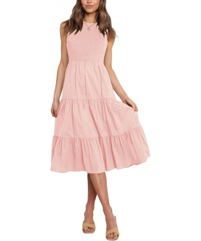 Womens Summer Dresses Casual Crewneck Sleeveless Smocked Maxi Long Dress 05 Pink $29.06 Dresses