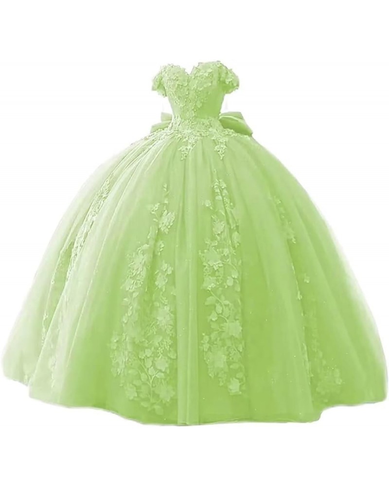 Women's 3D Flowers Quinceanera Dresses Lace Beaded Sweet 15 16 Dress Off Shoulder Prom Ball Gowns Light Green $53.58 Dresses