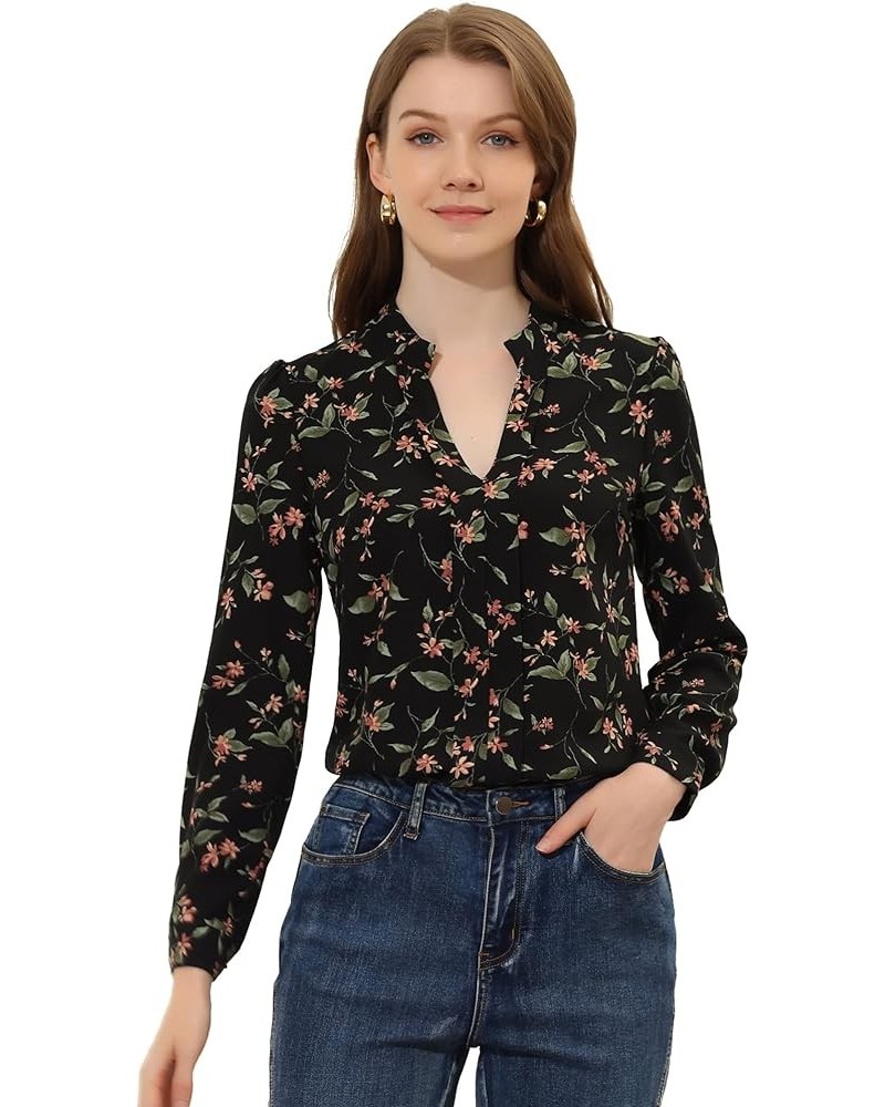 Women's Floral Print Split V Neck Office Long Sleeve Blouse Shirts Black $11.34 Blouses