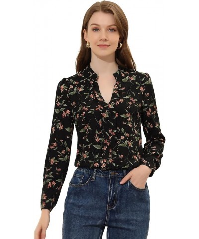 Women's Floral Print Split V Neck Office Long Sleeve Blouse Shirts Black $11.34 Blouses