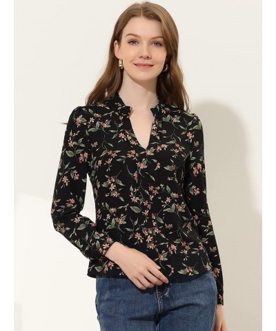 Women's Floral Print Split V Neck Office Long Sleeve Blouse Shirts Black $11.34 Blouses