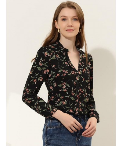 Women's Floral Print Split V Neck Office Long Sleeve Blouse Shirts Black $11.34 Blouses