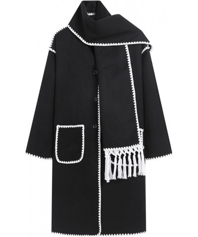 Women's Oversized Removable Scarf Wool Coat Embroidered Buttoned Winter Warm Overcoat Black $25.21 Coats