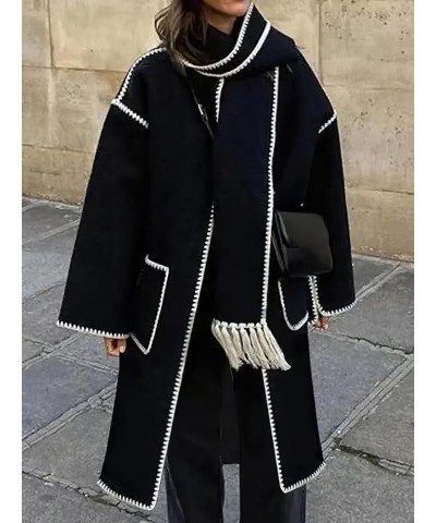 Women's Oversized Removable Scarf Wool Coat Embroidered Buttoned Winter Warm Overcoat Black $25.21 Coats