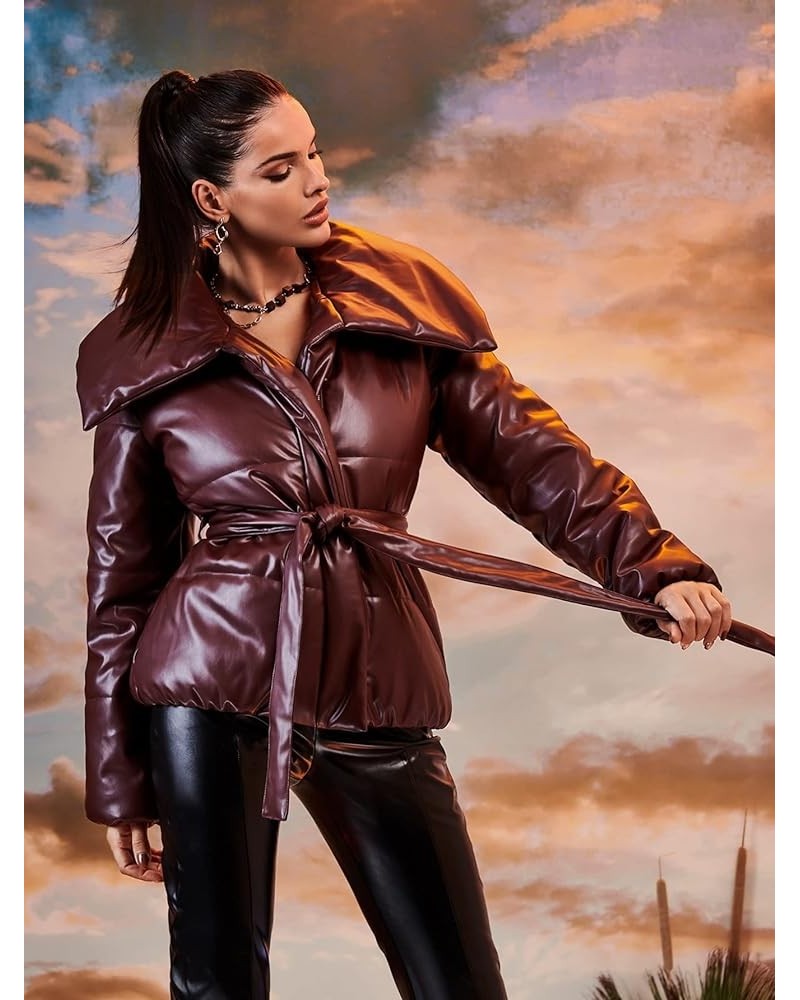 Jacket for Women - Waterfall Collar Belted Leather Puffer Coat (Color : Burgundy, Size : Small) X-Small Burgundy $28.86 Coats