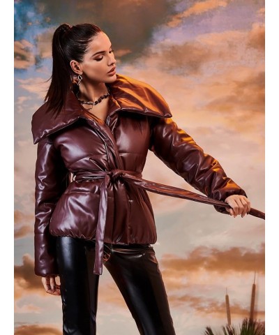 Jacket for Women - Waterfall Collar Belted Leather Puffer Coat (Color : Burgundy, Size : Small) X-Small Burgundy $28.86 Coats