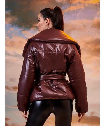 Jacket for Women - Waterfall Collar Belted Leather Puffer Coat (Color : Burgundy, Size : Small) X-Small Burgundy $28.86 Coats