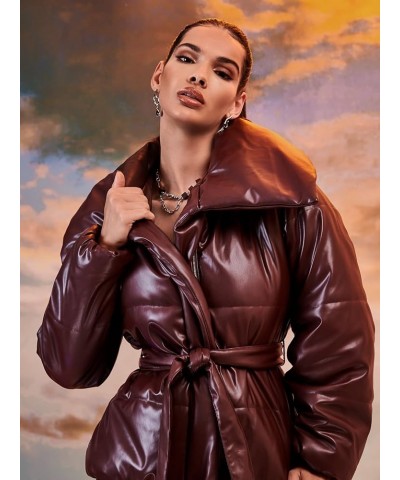 Jacket for Women - Waterfall Collar Belted Leather Puffer Coat (Color : Burgundy, Size : Small) X-Small Burgundy $28.86 Coats