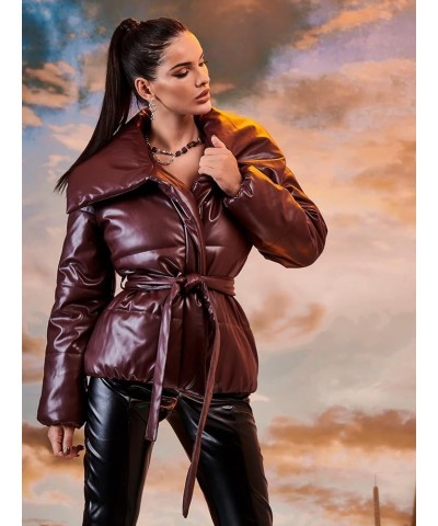 Jacket for Women - Waterfall Collar Belted Leather Puffer Coat (Color : Burgundy, Size : Small) X-Small Burgundy $28.86 Coats