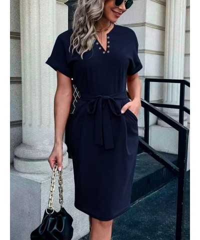 Womens Summer Striped T Shirt Dress Casual Button V Neck Tie Waist Dresses with Pockets 006dark Blue $14.00 Dresses