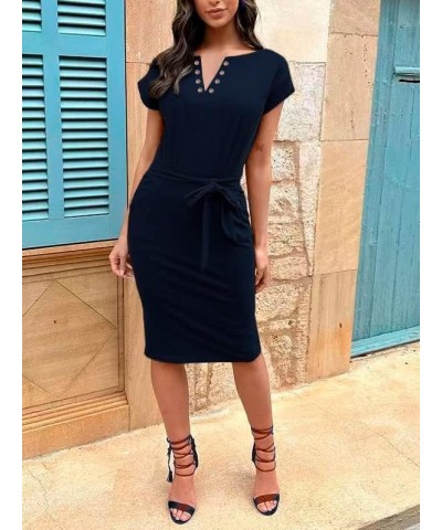 Womens Summer Striped T Shirt Dress Casual Button V Neck Tie Waist Dresses with Pockets 006dark Blue $14.00 Dresses