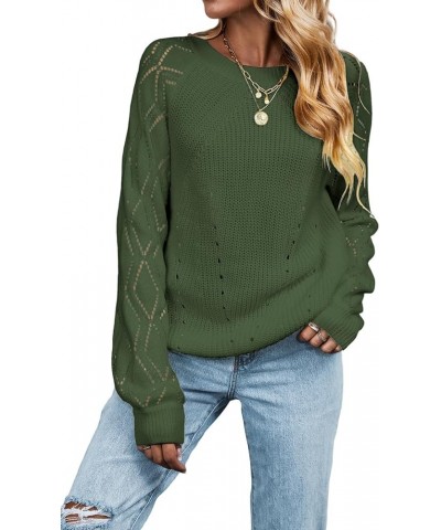 Women Sweaters Crew Neck Long Sleeve Ribbed Pointelle Knit Cutouts Tops Olive Green $19.09 Sweaters