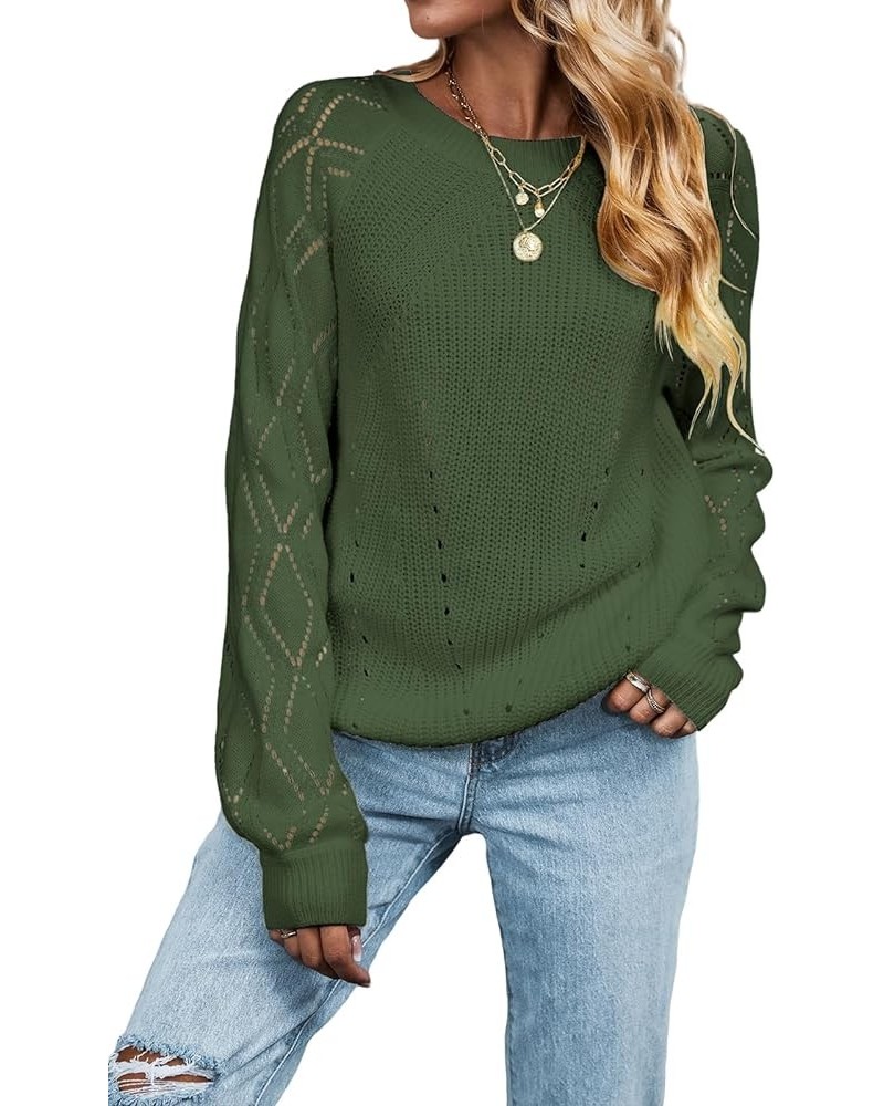 Women Sweaters Crew Neck Long Sleeve Ribbed Pointelle Knit Cutouts Tops Olive Green $19.09 Sweaters