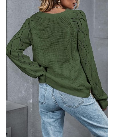 Women Sweaters Crew Neck Long Sleeve Ribbed Pointelle Knit Cutouts Tops Olive Green $19.09 Sweaters