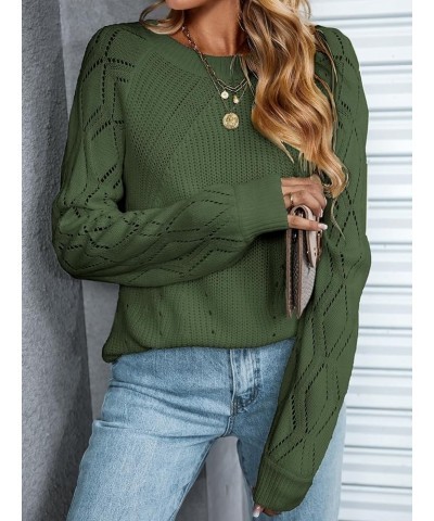 Women Sweaters Crew Neck Long Sleeve Ribbed Pointelle Knit Cutouts Tops Olive Green $19.09 Sweaters