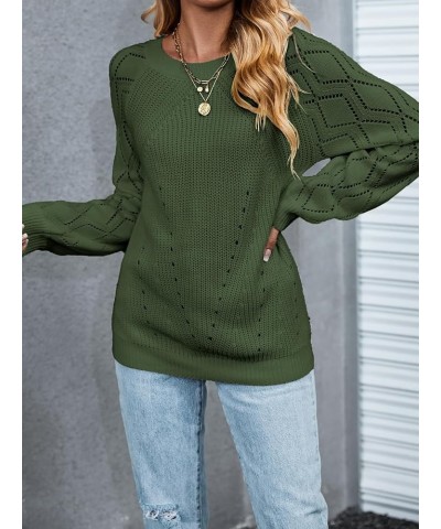 Women Sweaters Crew Neck Long Sleeve Ribbed Pointelle Knit Cutouts Tops Olive Green $19.09 Sweaters