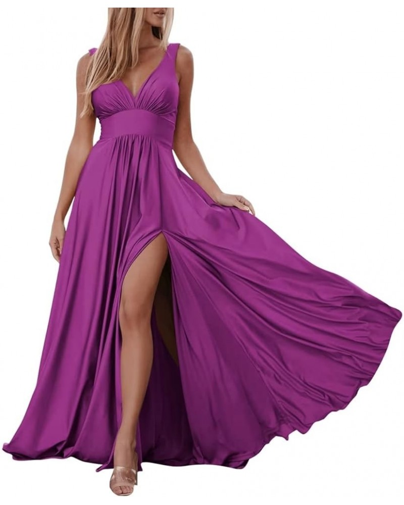 Satin Bridesmaid Dresses V-Neck with High Slit Sexy Prom Dresses Long for Wedding Party Purple $34.56 Dresses