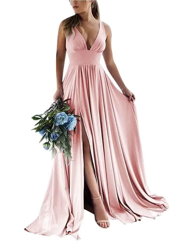 Deep V-Neck Bridesmaid Dresses with Slit Chiffon Formal Prom Dress Pleated A Line Evening Party Gown Blush Pink $31.89 Dresses