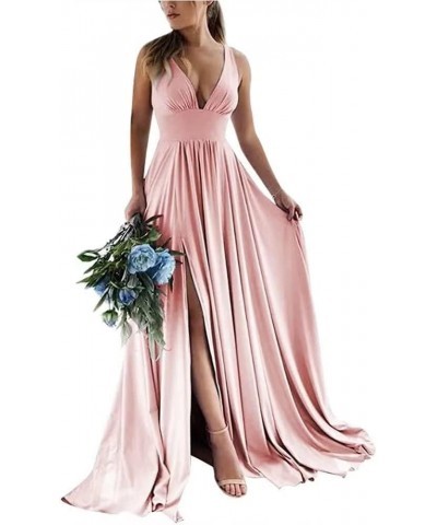 Deep V-Neck Bridesmaid Dresses with Slit Chiffon Formal Prom Dress Pleated A Line Evening Party Gown Blush Pink $31.89 Dresses