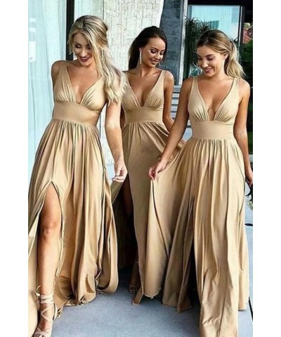 Deep V-Neck Bridesmaid Dresses with Slit Chiffon Formal Prom Dress Pleated A Line Evening Party Gown Blush Pink $31.89 Dresses