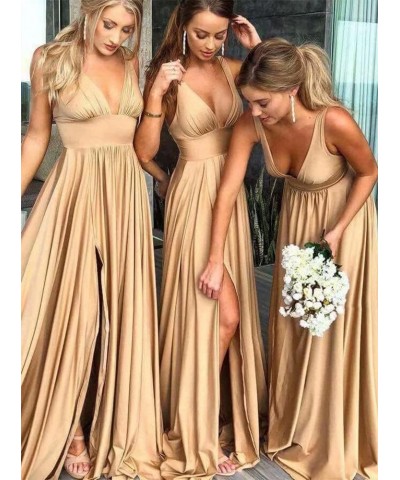 Deep V-Neck Bridesmaid Dresses with Slit Chiffon Formal Prom Dress Pleated A Line Evening Party Gown Blush Pink $31.89 Dresses