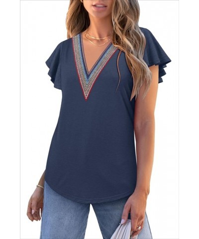 Short Sleeve Lace V Neck Shirts for Women Floral Print Tunic Tops Blouses 2-a-navy $10.00 Tops