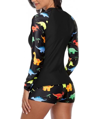 Women Two Piece Rash Guard Long Sleeve Swimsuits UV UPF 50+ Swim Shirt Bathing Suit with Boyshort Bottom Black Dinosaur $23.6...