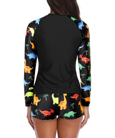 Women Two Piece Rash Guard Long Sleeve Swimsuits UV UPF 50+ Swim Shirt Bathing Suit with Boyshort Bottom Black Dinosaur $23.6...