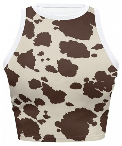 Women's Sleeveless Cropped Shirts High Neck Stretchy Fitted Basic Crop Tank Top, Size S-2XL Brown Cow Print $9.00 Tanks